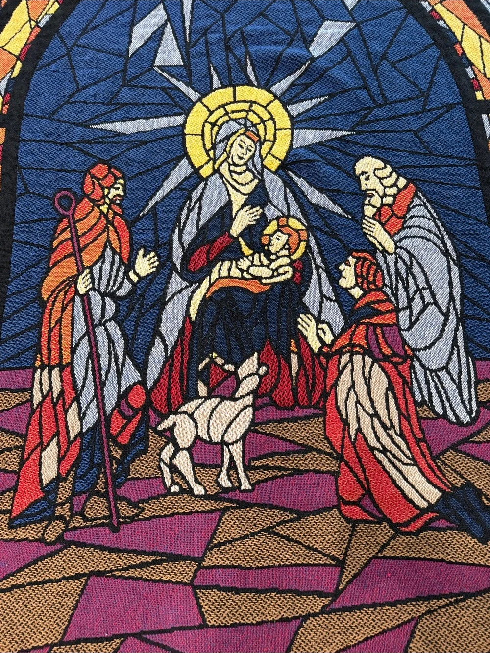 Vintage Stained Glass Style Nativity Blanket Tapestry. Christian. Christmas